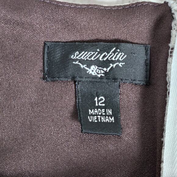 Suzi Chin Short Sleeve‎ Mini Dress Ivory Crochet Lace Chocolate Brown Lining 12 - Picture 4 of 7